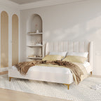 Koda - Lit Double En Tissu Beige Et Pieds Dorés