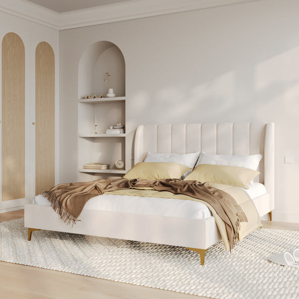 Koda - Lit Double En Tissu Beige Et Pieds Dorés