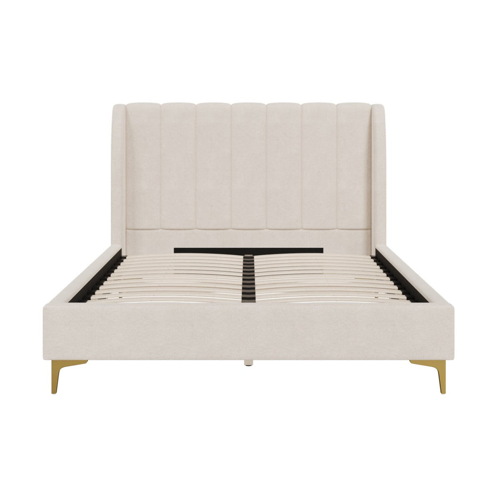 Koda - Lit Double En Tissu Beige Et Pieds Dorés