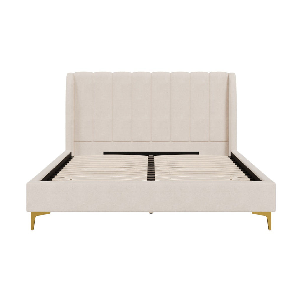 Koda - Lit Double En Tissu Beige Et Pieds Dorés
