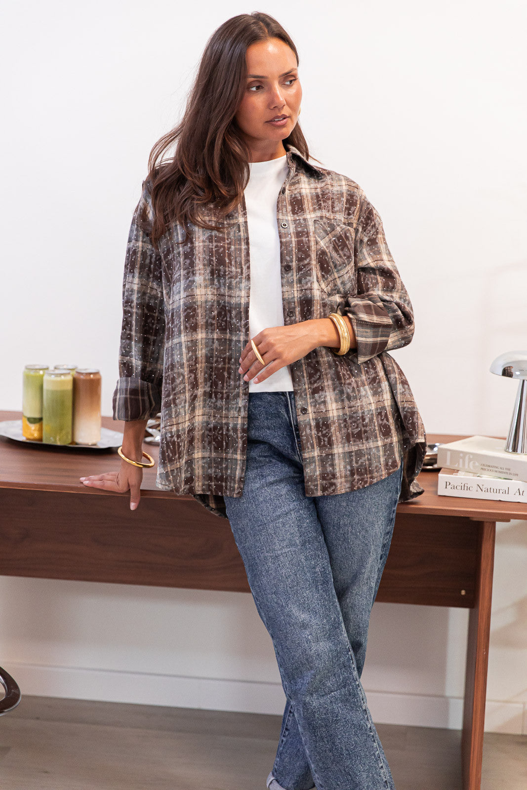 LOANE Chocolate - Rhinestone Check Shirt