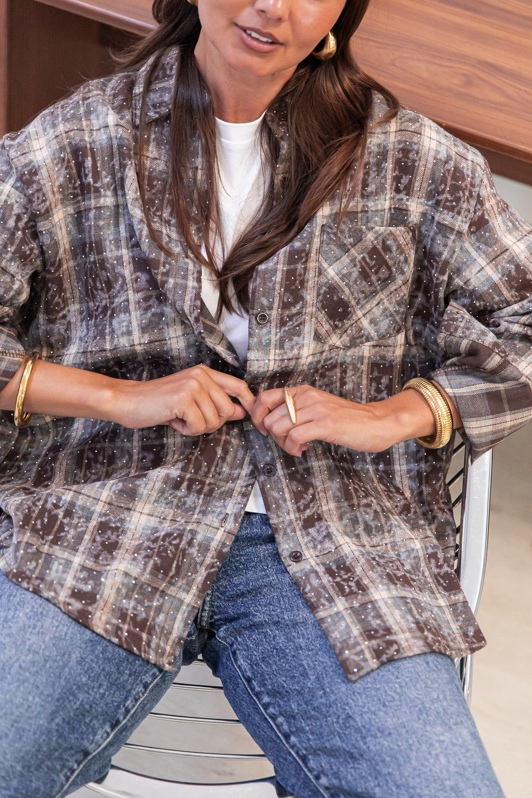 LOANE Chocolate - Rhinestone Check Shirt