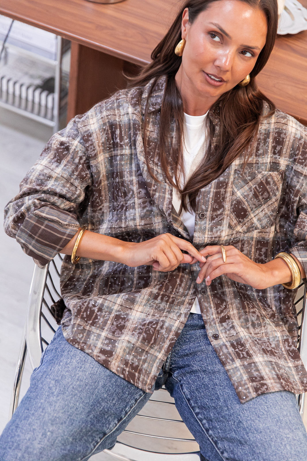 LOANE Chocolate - Rhinestone Check Shirt