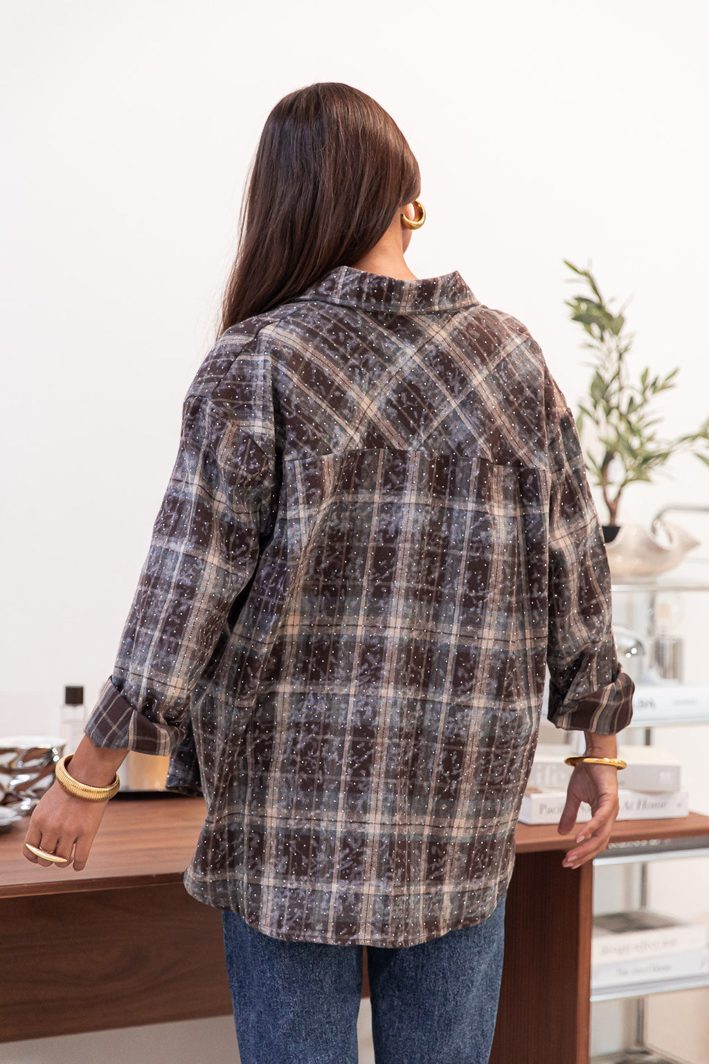 LOANE Chocolate - Rhinestone Check Shirt