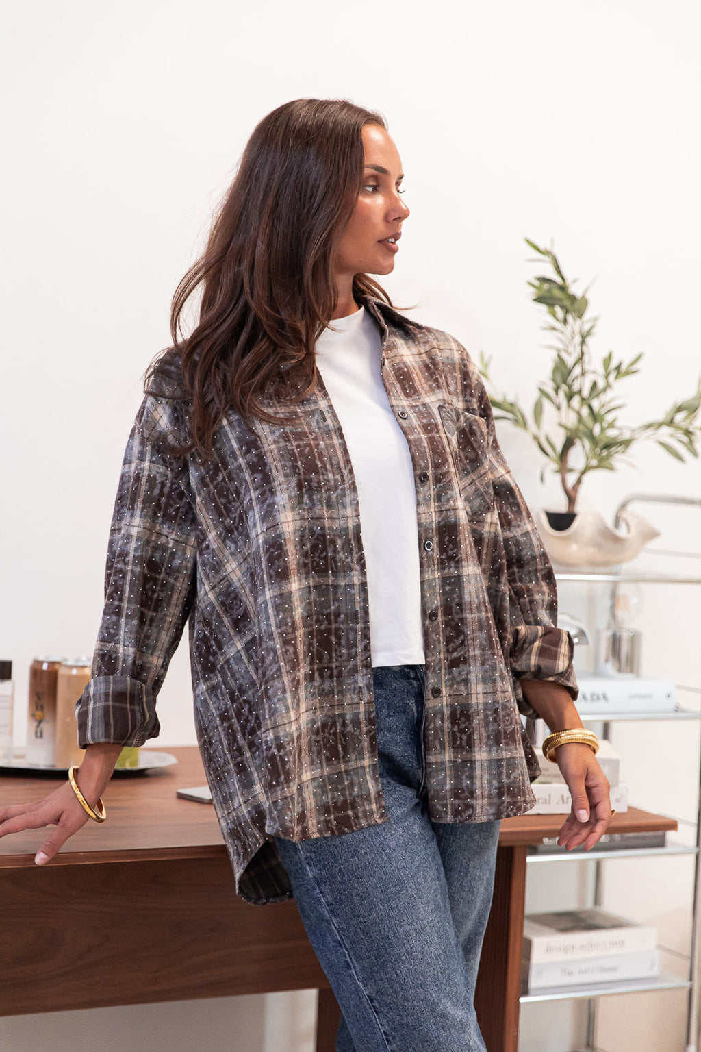 LOANE Chocolate - Rhinestone Check Shirt