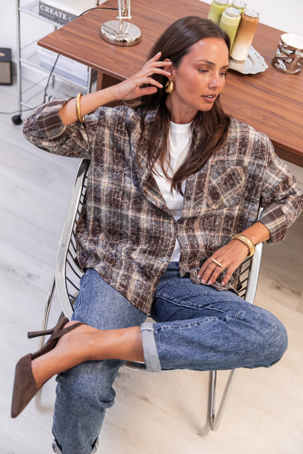 LOANE Chocolate - Rhinestone Check Shirt
