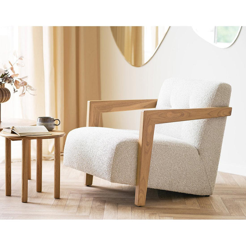 Lola - Armchair With Solid Oak Armrests - Textured Fabric - Beige