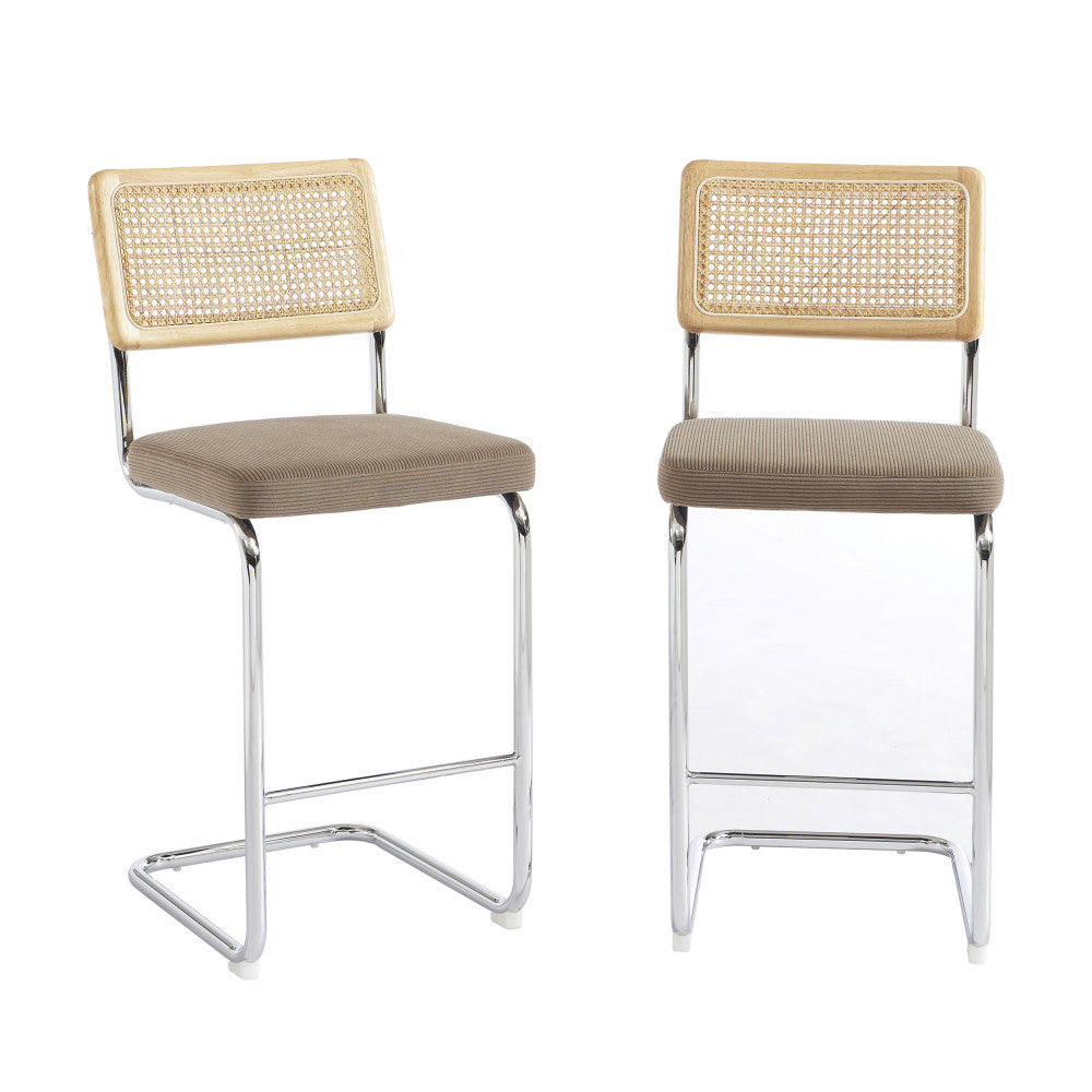 Skana - Lot De 2 Chaises De Bar - Velours Côtelé Pieds Chrome - Taupe