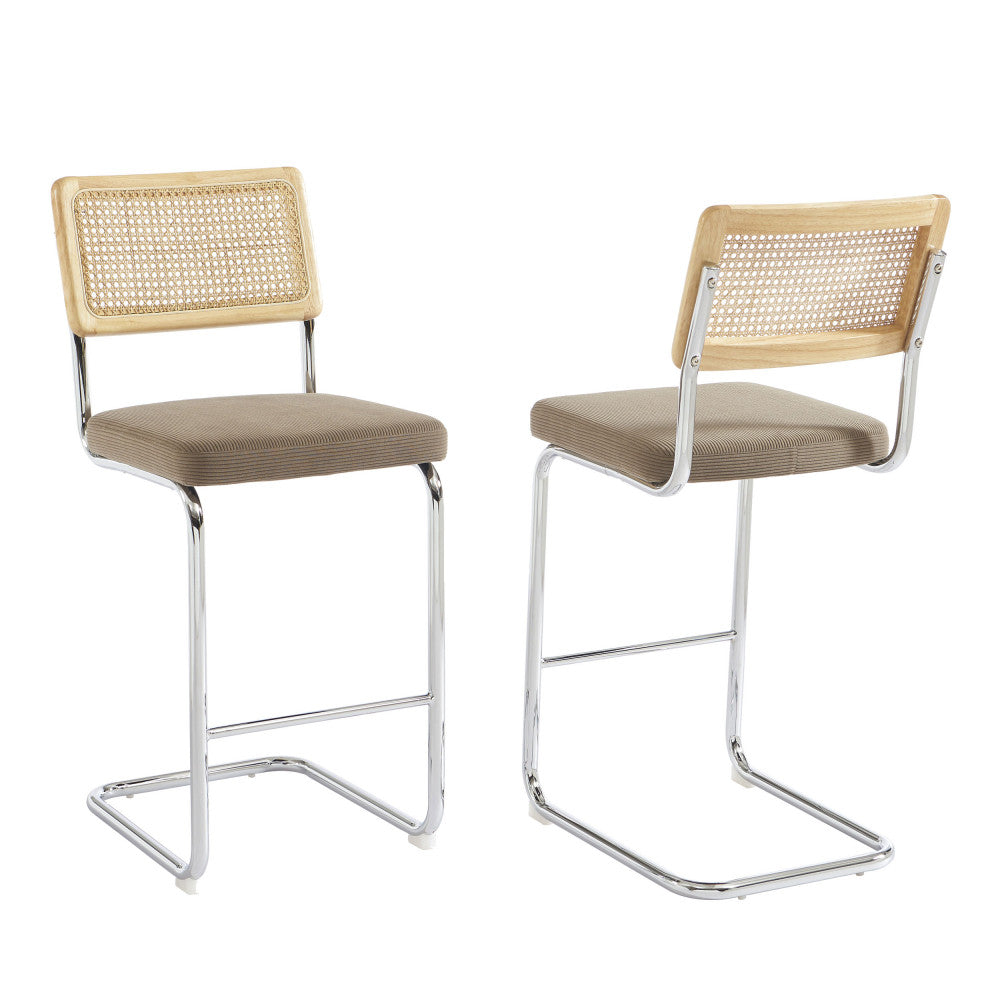 Skana - Lot De 2 Chaises De Bar - Velours Côtelé Pieds Chrome - Taupe