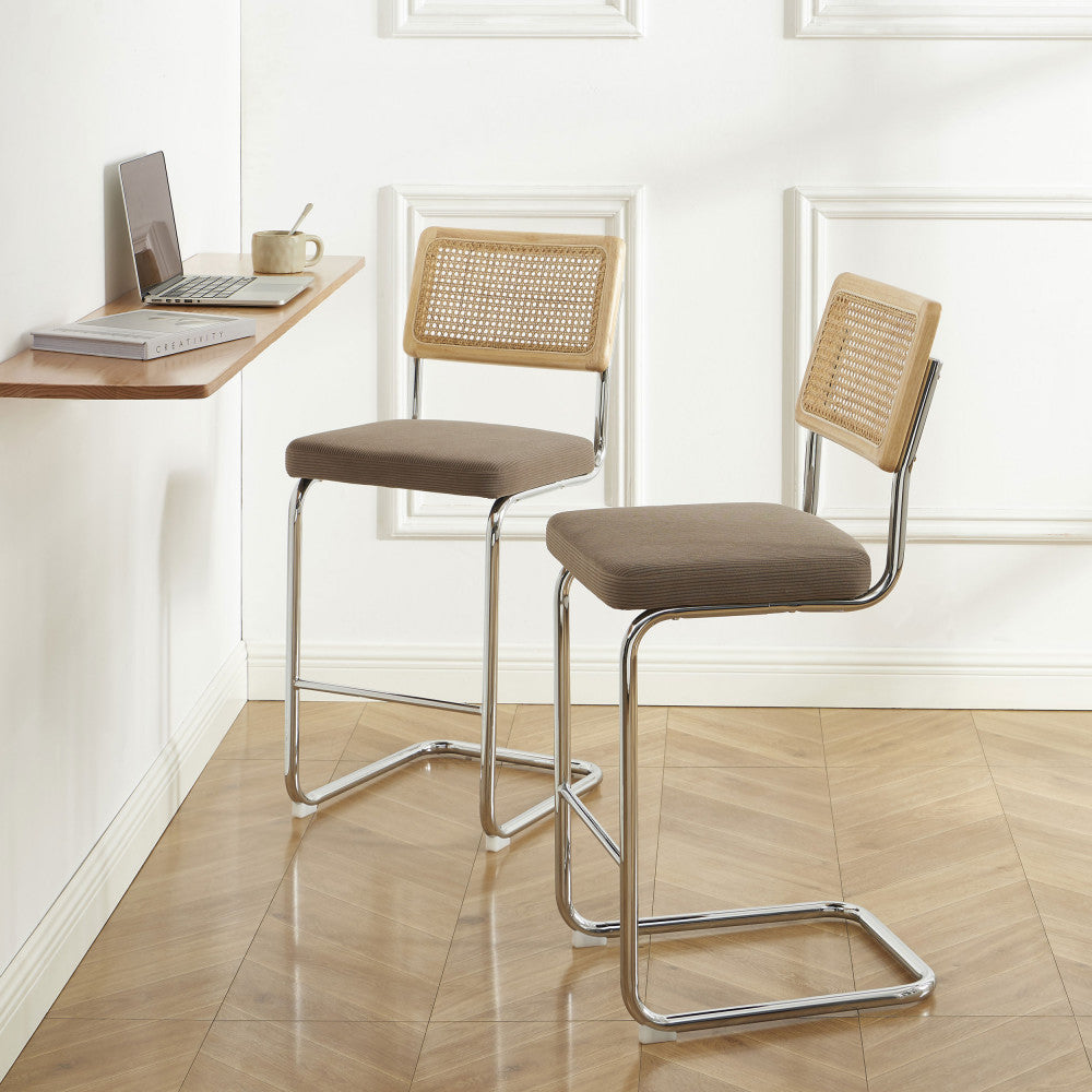 Skana - Lot De 2 Chaises De Bar - Velours Côtelé Pieds Chrome - Taupe