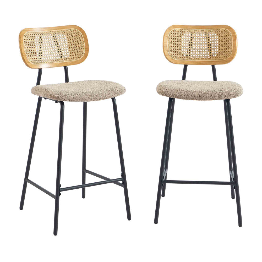 Ema - Set of 2 Bar Stools - Bouclé Fabric and Metal - Taupe