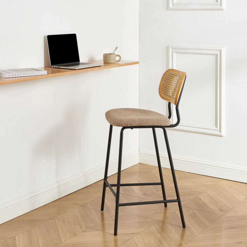 Ema - Set of 2 Bar Stools - Bouclé Fabric and Metal - Taupe