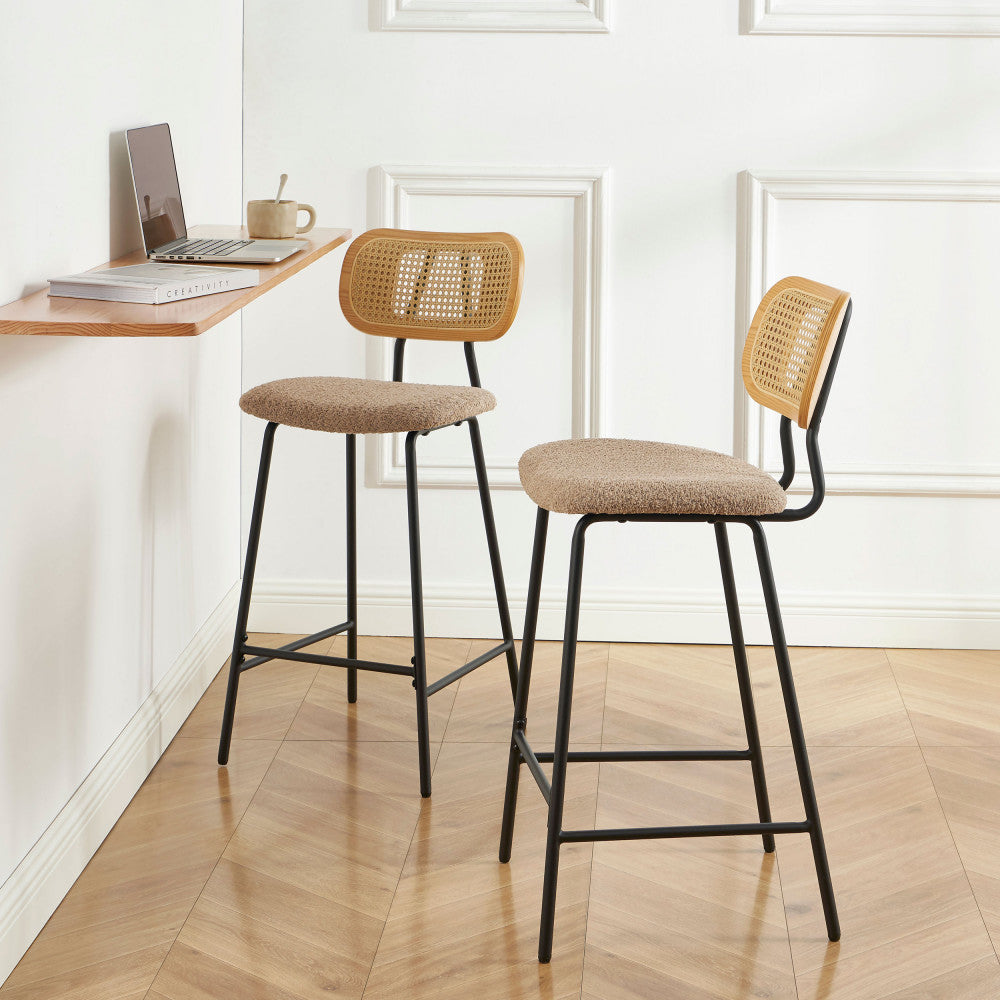 Ema - Set of 2 Bar Stools - Bouclé Fabric and Metal - Taupe