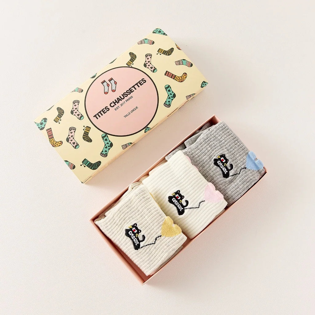 Lot De 3 Chaussettes Mi-Hautes Chat & Ballon Coeur