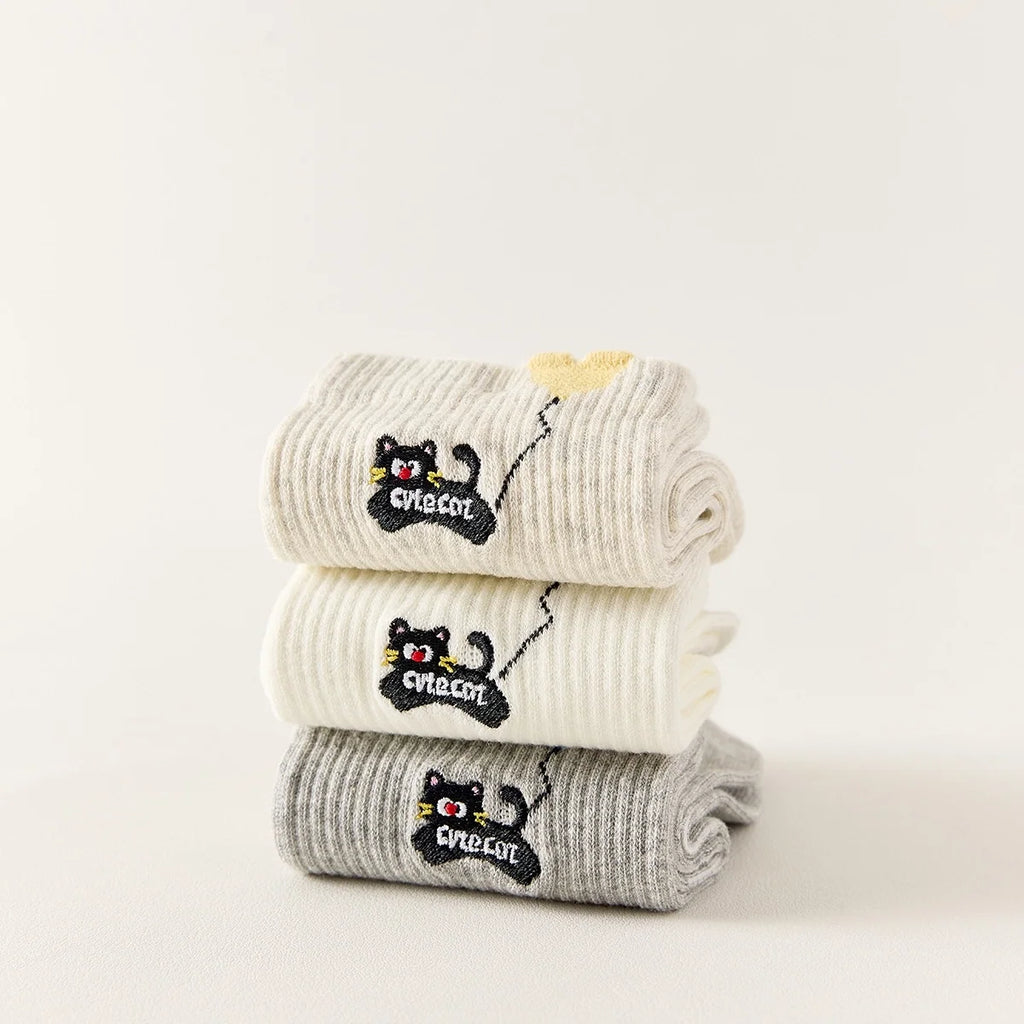 Lot De 3 Chaussettes Mi-Hautes Chat & Ballon Coeur