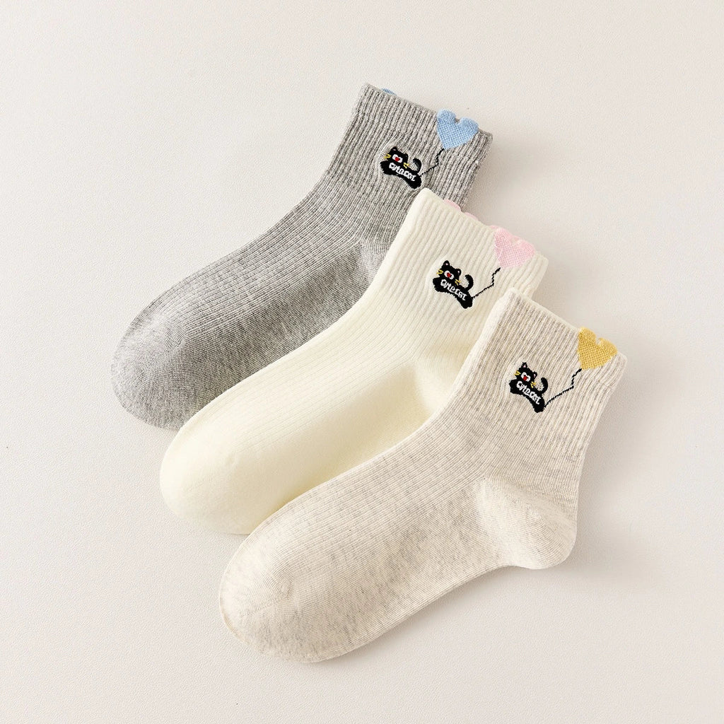 Lot De 3 Chaussettes Mi-Hautes Chat & Ballon Coeur