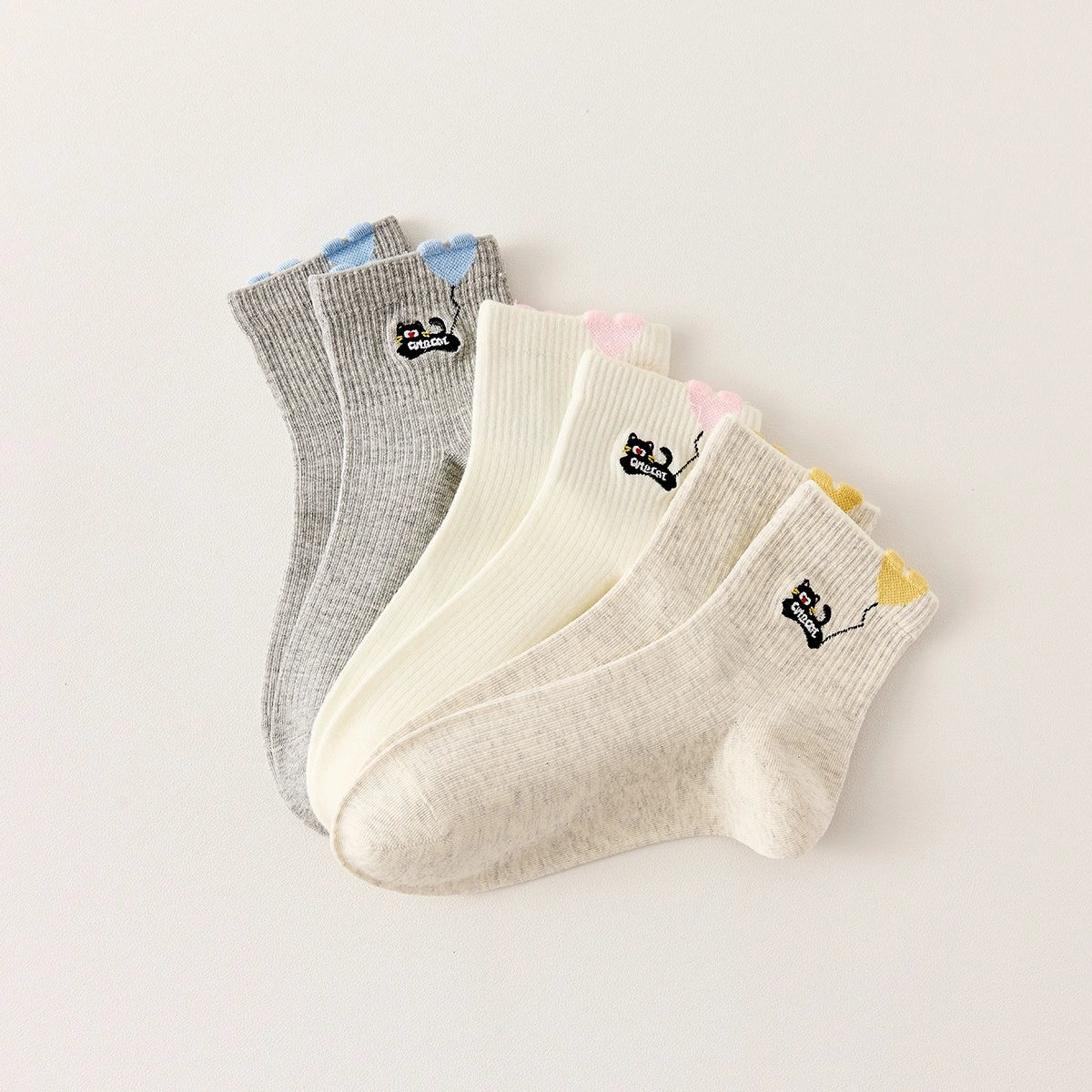 Lot De 3 Chaussettes Mi-Hautes Chat & Ballon Coeur