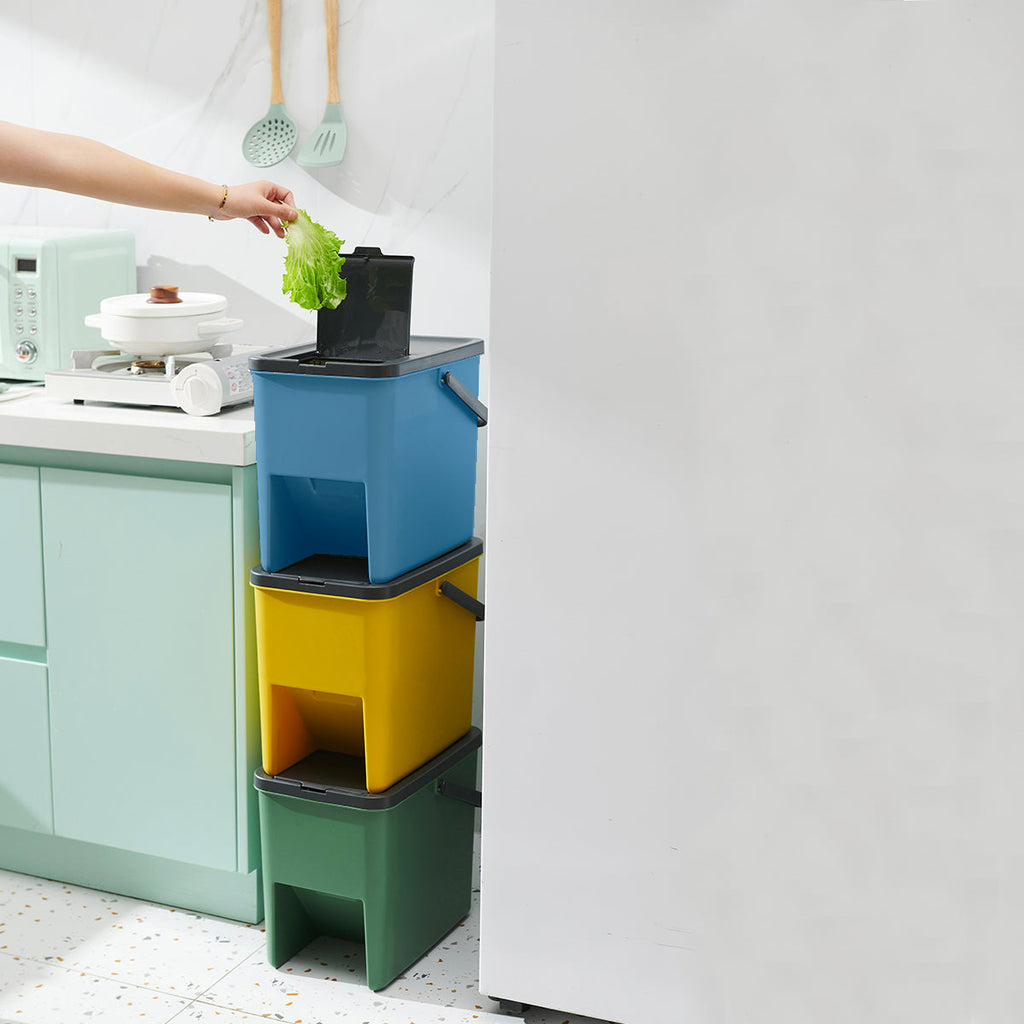 Set of 3 20L Stackable Bins for Recycling BERGEN Plastic Selective Sorting Bins, Colors Yellow, Blue, Green and Gray