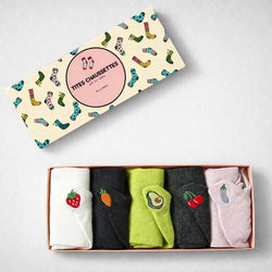 Set of black, heather gray, green, white and pink tongue socks, fruit and vegetable patterns embroidered on the tongue 