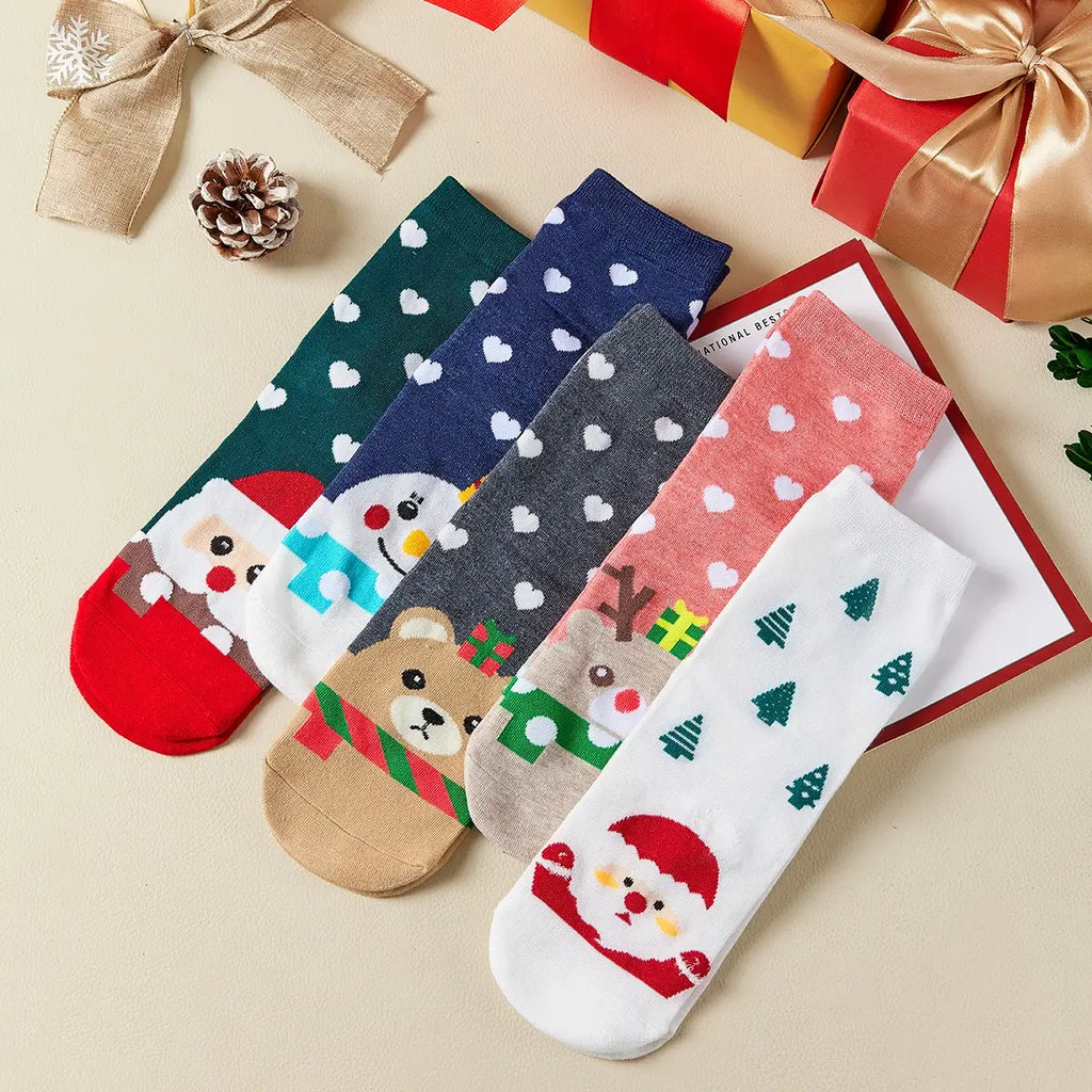 Lot de 5 chaussettes hautes de Noël coeur, motifs Père Noël, Renne, Bonhomme de Neige et Ours 