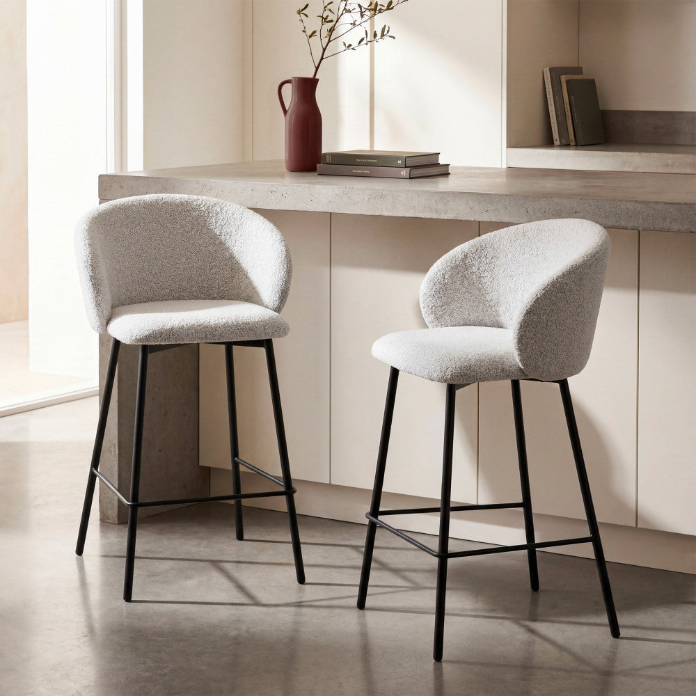 Valom - Set Of 2 Bar Stools - Bouclé Fabric And Metal - Mottled Ecru