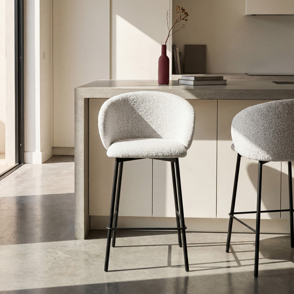 Valom - Set Of 2 Bar Stools - Bouclé Fabric And Metal - Mottled Ecru