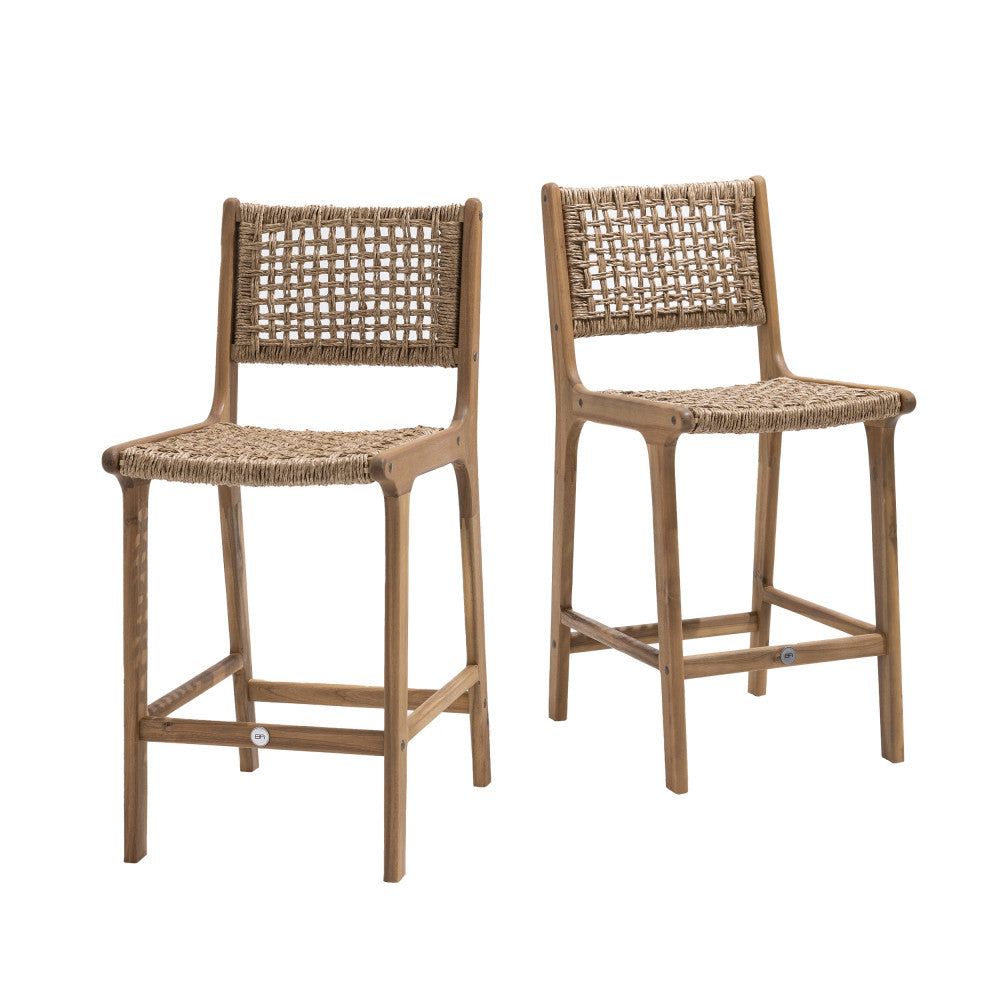 Lexia - Set of 2 Indoor/Outdoor Bar Stools - Acacia Wood and Woven Resin - Light Wood