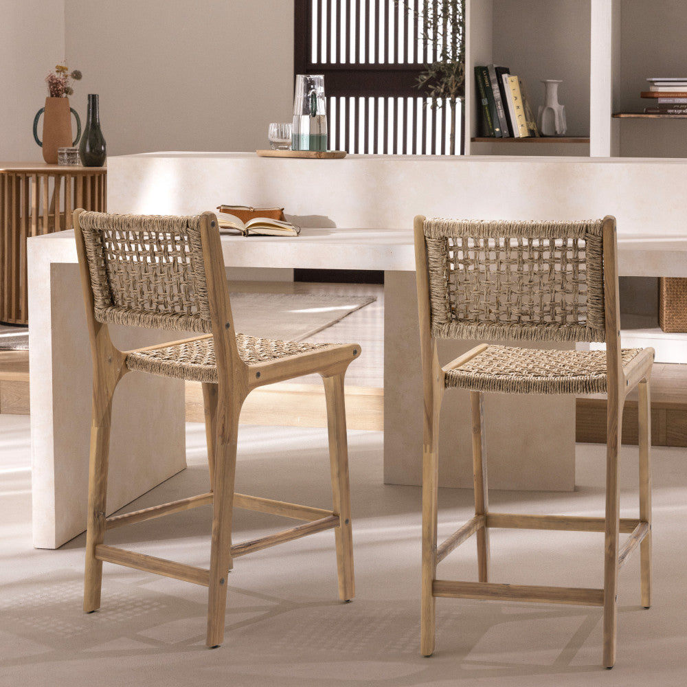 Lexia - Set of 2 Indoor/Outdoor Bar Stools - Acacia Wood and Woven Resin - Light Wood