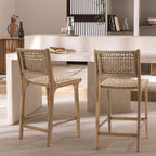 Lexia - Set of 2 Indoor/Outdoor Bar Stools - Acacia Wood and Woven Resin - Light Wood