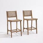 Lexia - Set of 2 Indoor/Outdoor Bar Stools - Acacia Wood and Woven Resin - Light Wood