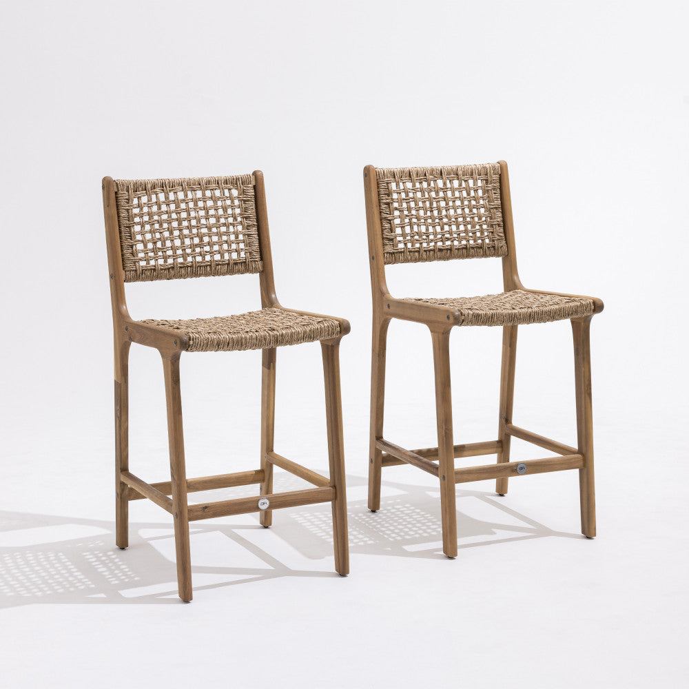 Lexia - Set of 2 Indoor/Outdoor Bar Stools - Acacia Wood and Woven Resin - Light Wood