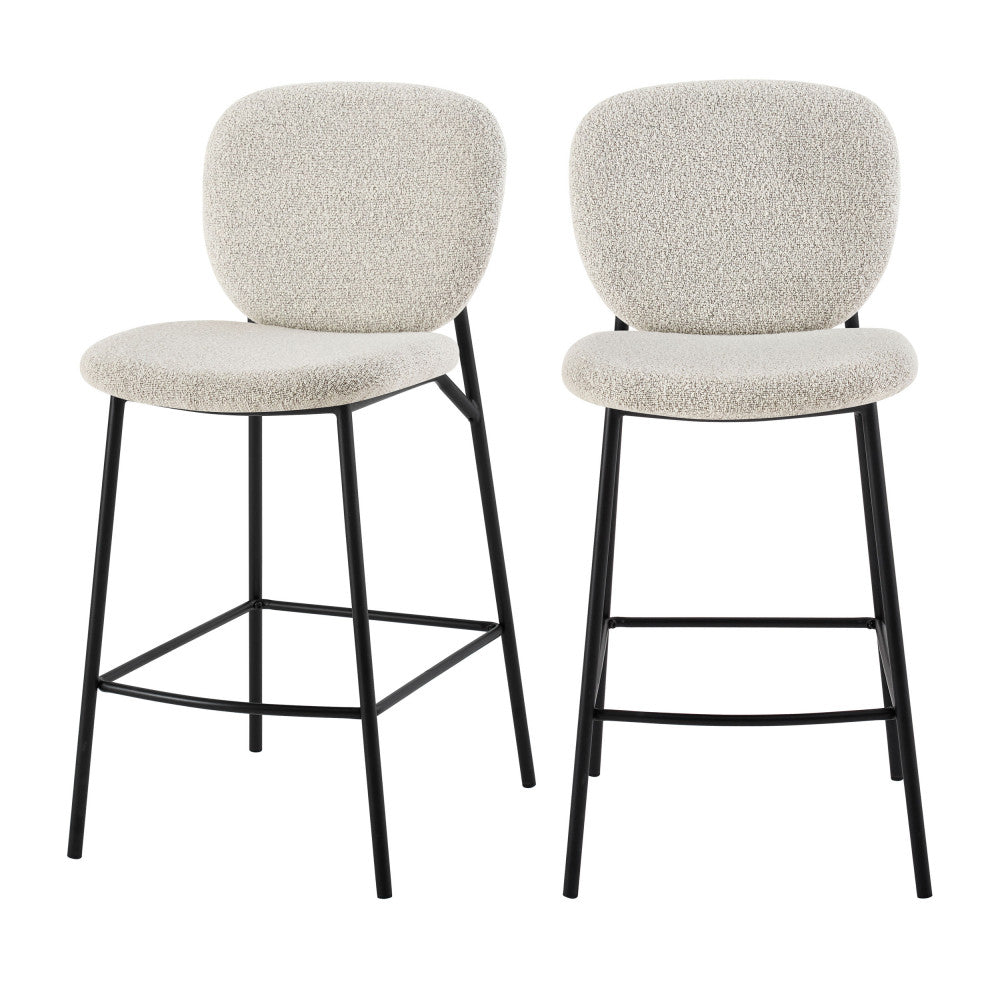 Dalby - Set of 2 Bar Stools - Bouclé Fabric and Metal - Heathered Ecru