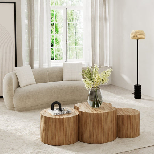 Set of 3 warm, minimalist design wooden coffee tables - Potiron Paris, colorful modern interior design