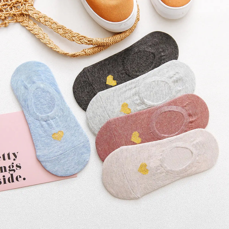 Socquettes invisibles cœur doré. Élégantes, douces et confortables. Coton + élasthanne avec maintien parfait. Lot de 5 pour un style chic discret.