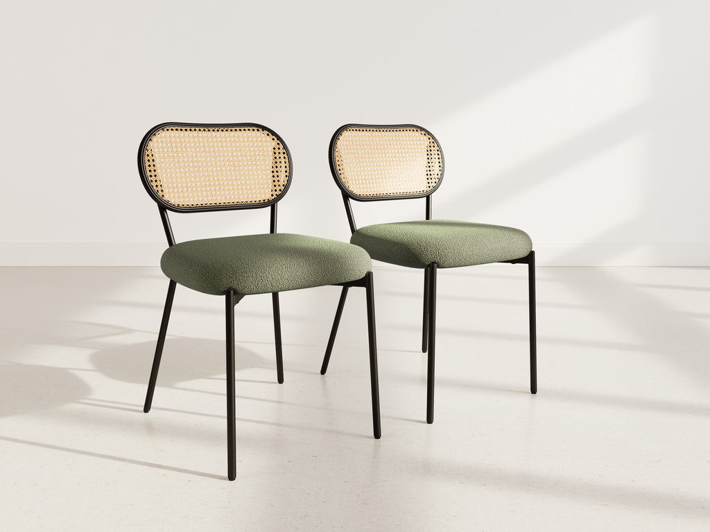 Luciano - Lot De 2 Chaises Cannage Dossier Arrondi - Tissu Bouclette - Vert Kaki