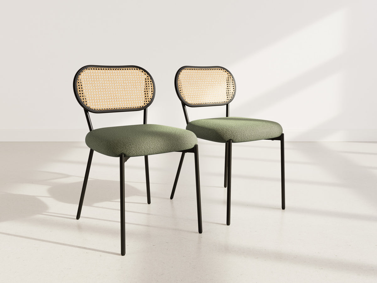 Luciano - Lot De 2 Chaises Cannage Dossier Arrondi - Tissu Bouclette - Vert Kaki