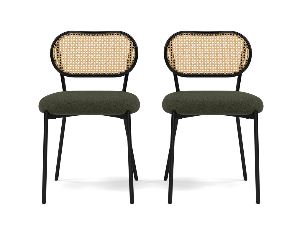 Luciano - Lot De 2 Chaises Cannage Dossier Arrondi - Tissu Bouclette - Vert Kaki