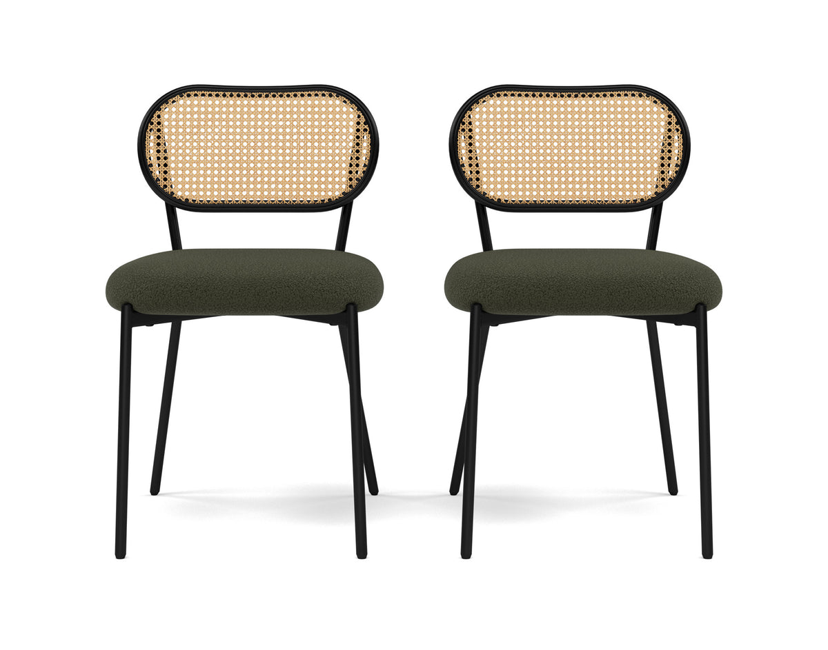 Luciano - Lot De 2 Chaises Cannage Dossier Arrondi - Tissu Bouclette - Vert Kaki