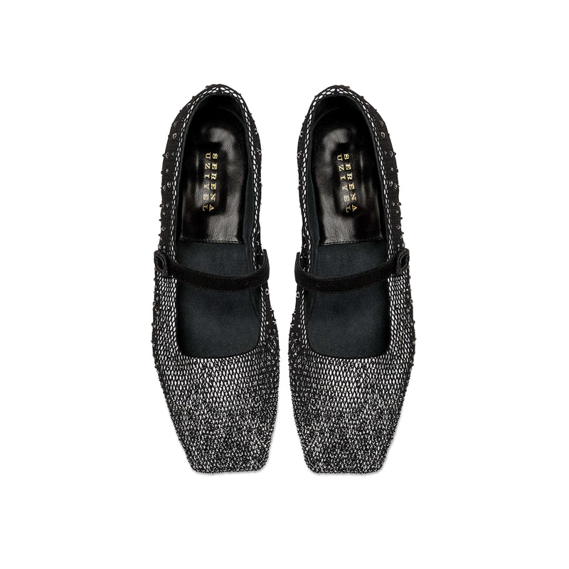 Lumina Crystal Black Flat Ballerina shoes, elegantly square-toed, adorned with crystals and a stylish strap, handcrafted in Italy.