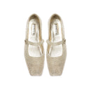 Lumina Crystal Gold Flat Ballerina shoes, elegantly designed square-toed Mary Janes with sparkling crystals, handcrafted in Italy.
