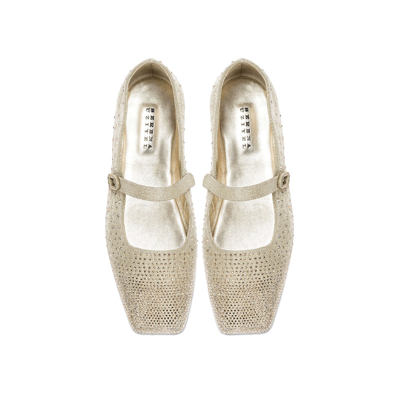 Lumina Crystal Gold Flat Ballerina shoes, elegantly designed square-toed Mary Janes with sparkling crystals, handcrafted in Italy.