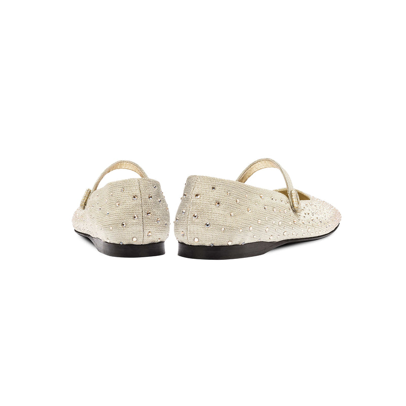 Back view of Lumina Crystal Gold Flat Ballerina shoes with sparkling crystals and slim strap, handcrafted in Italy.