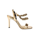 Lyra Gold High-Heel Sandal featuring handwoven embellishments and 90mm stiletto heels, perfect for special occasions.
