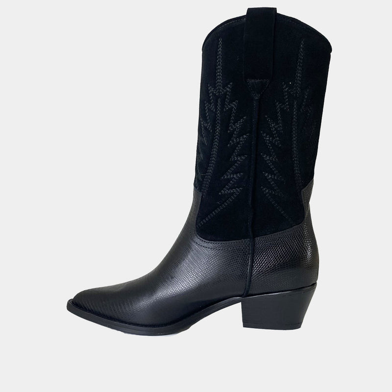 Mi-Bottes Santiags Ann Tuil Malene Bis - Cuir Teju Et Velours Noir