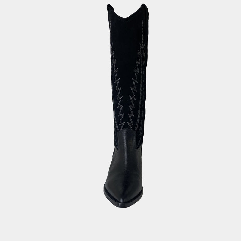 Bottes Santiags Ann Tuil Maleo - Cuir Teju Et Velours Noir