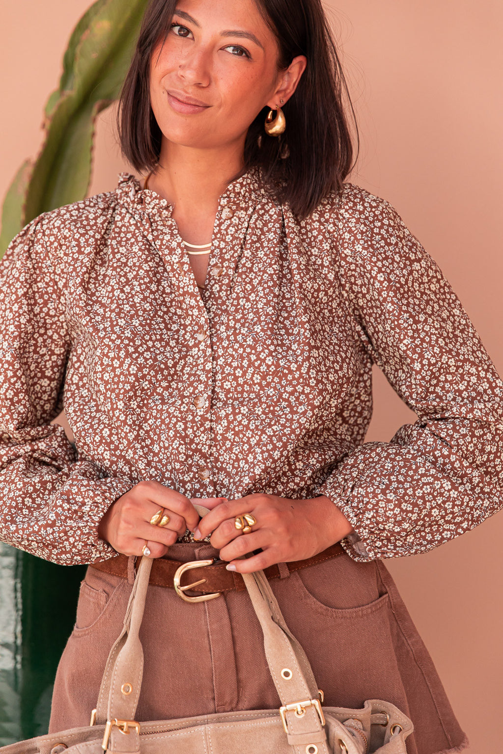 MANOËL Camel - Floral Blouse