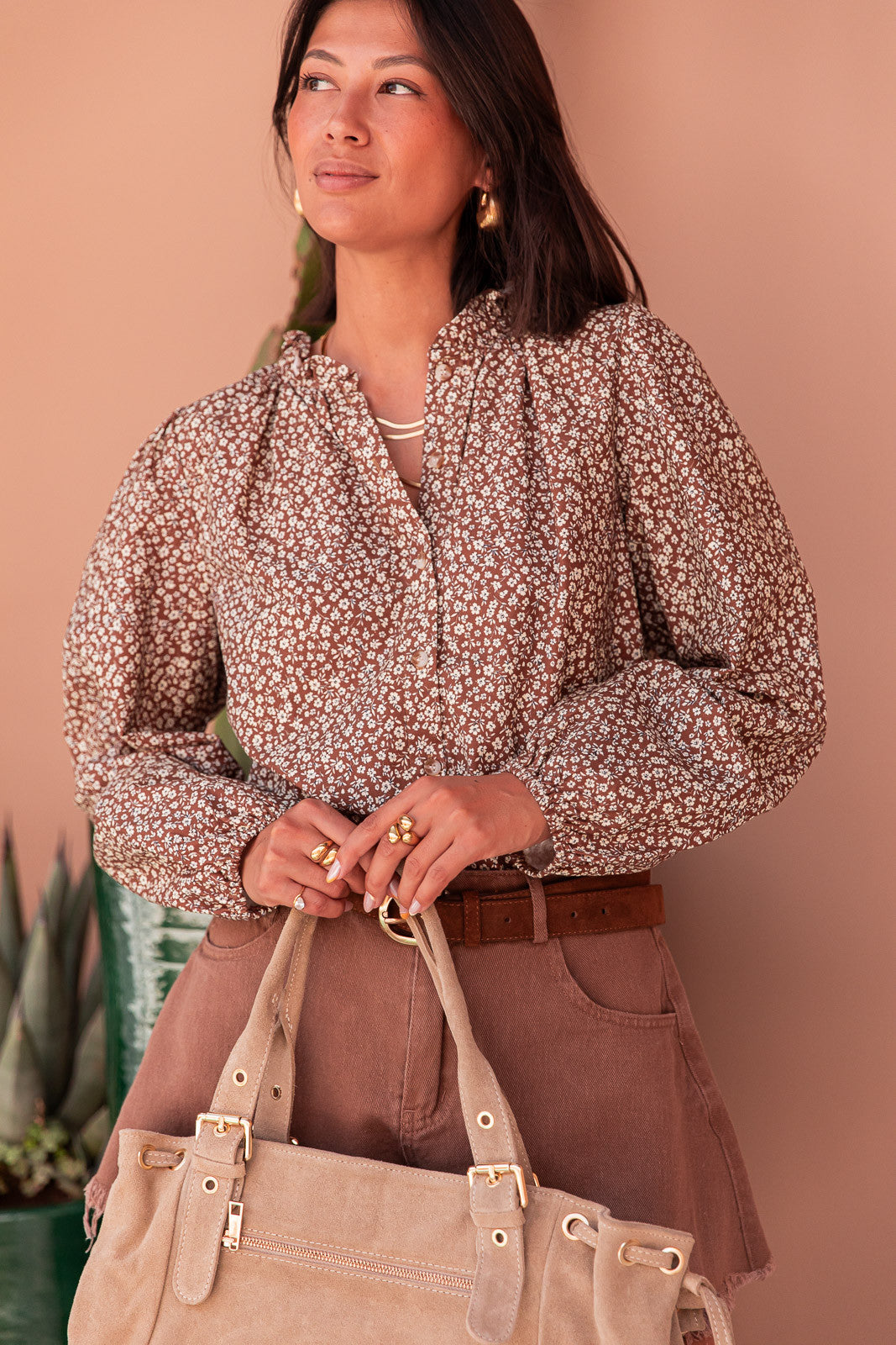 MANOËL Camel - Floral Blouse