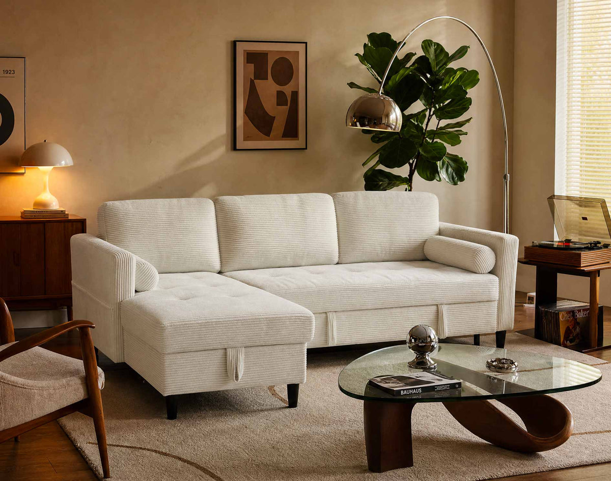 Marceau - Canapé D'Angle Réversible 4 Places Convertible Avec Coffre - Velours Côtelé - Beige