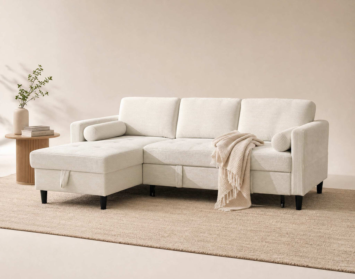 Marceau - Canapé D'Angle Réversible 4 Places Convertible Avec Coffre - Velours Côtelé - Beige