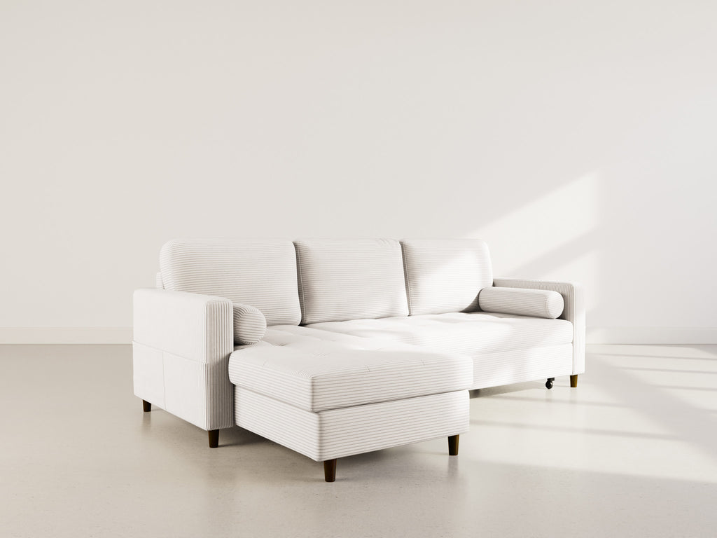 Marceau - Canapé D'Angle Réversible 4 Places Convertible Avec Coffre - Velours Côtelé - Beige